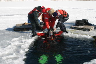 firemen doing cold water training in a frozen lake